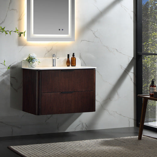 30 Inch Wall-mounted Reeded Oak Bathroom Vanity with Single Sink