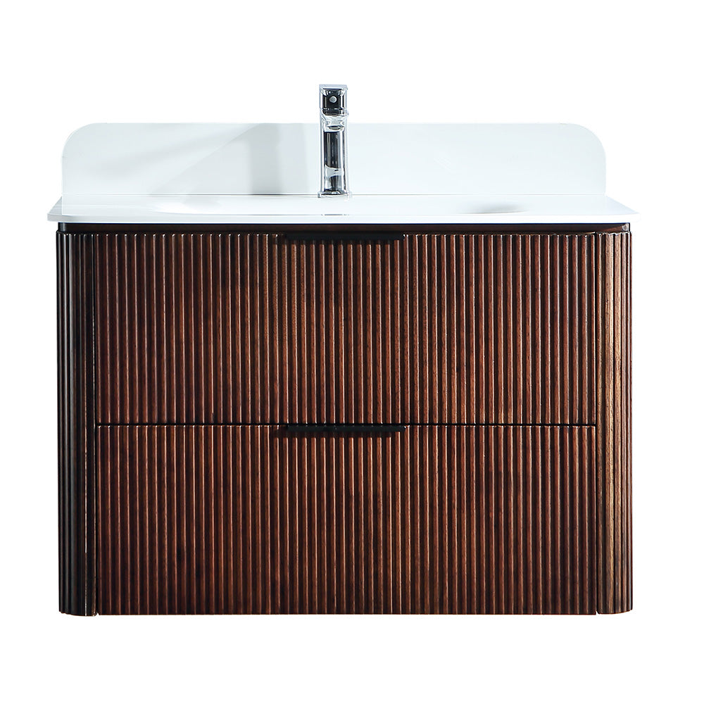 30 Inch Wall-mounted Reeded Oak Bathroom Vanity with Single Sink