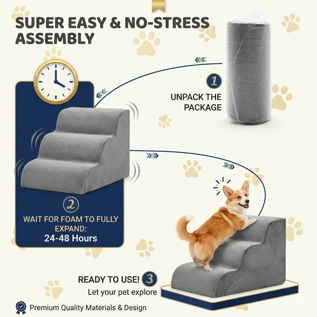 High-Density Foam Pet Stairs – 3-5 Step Curved Dog Ramp for Small Dogs and Cats – Non-Slip Indoor Pet Ladder for Easy Access to Furniture