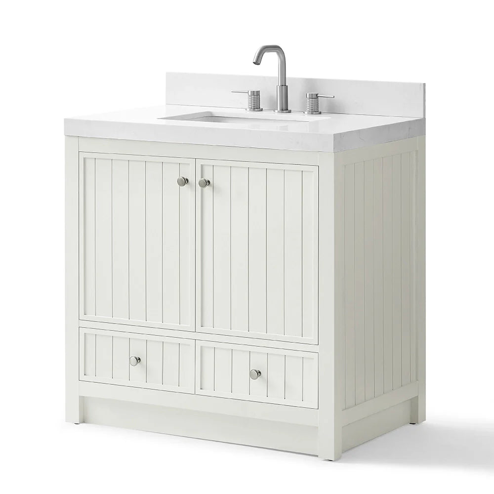36 Inch White Fully Assembled Bathroom Vanity With Wide Louvered Doors & Quartz Top