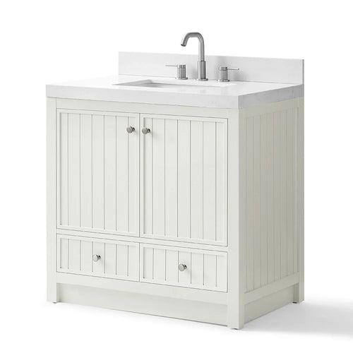 36 Inch White Fully Assembled Bathroom Vanity With Wide Louvered Doors & Quartz Top