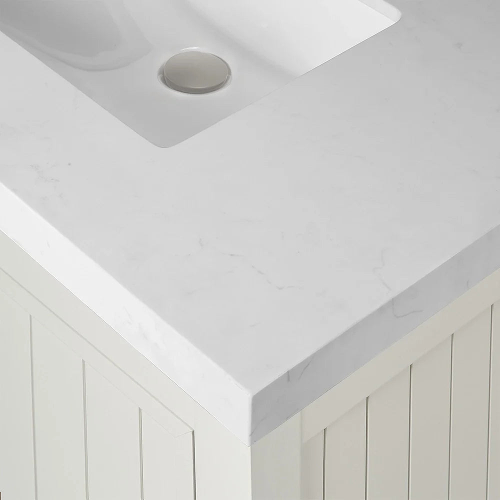 36 Inch White Fully Assembled Bathroom Vanity With Wide Louvered Doors & Quartz Top