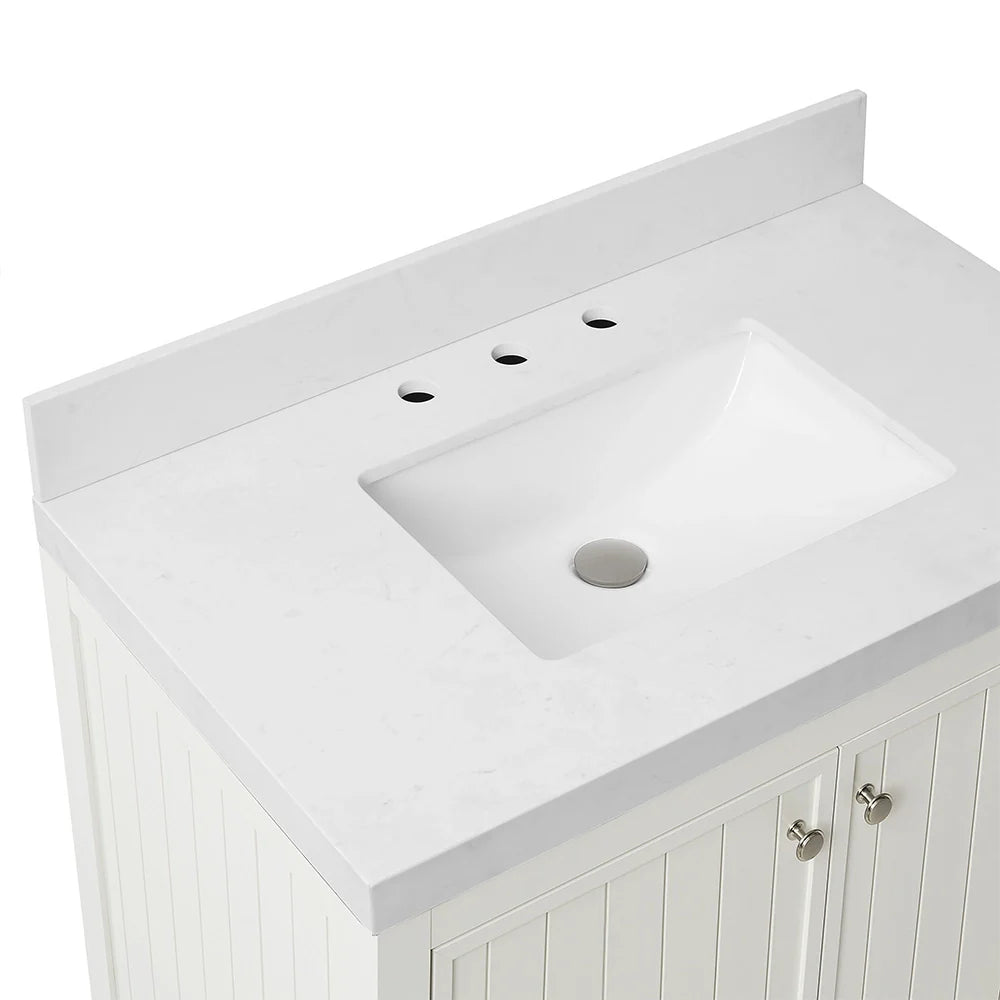 36 Inch White Fully Assembled Bathroom Vanity With Wide Louvered Doors & Quartz Top