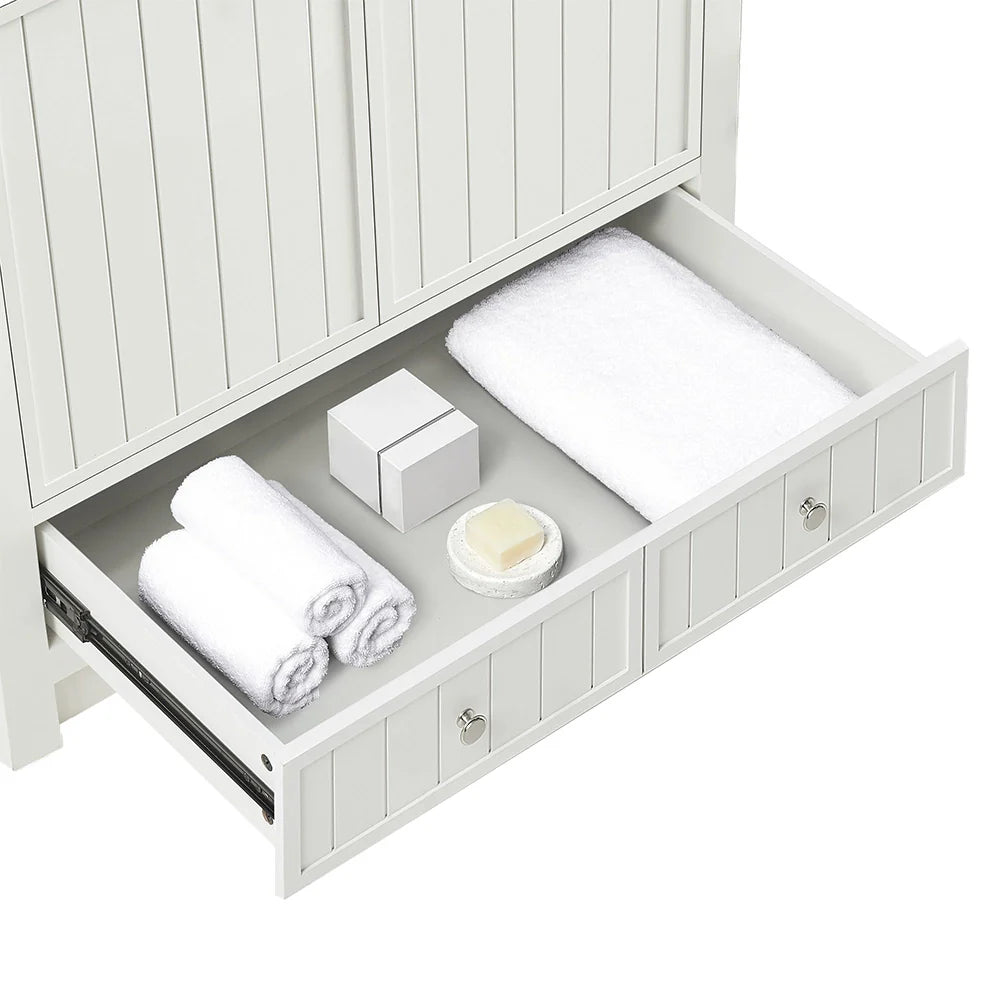 36 Inch White Fully Assembled Bathroom Vanity With Wide Louvered Doors & Quartz Top