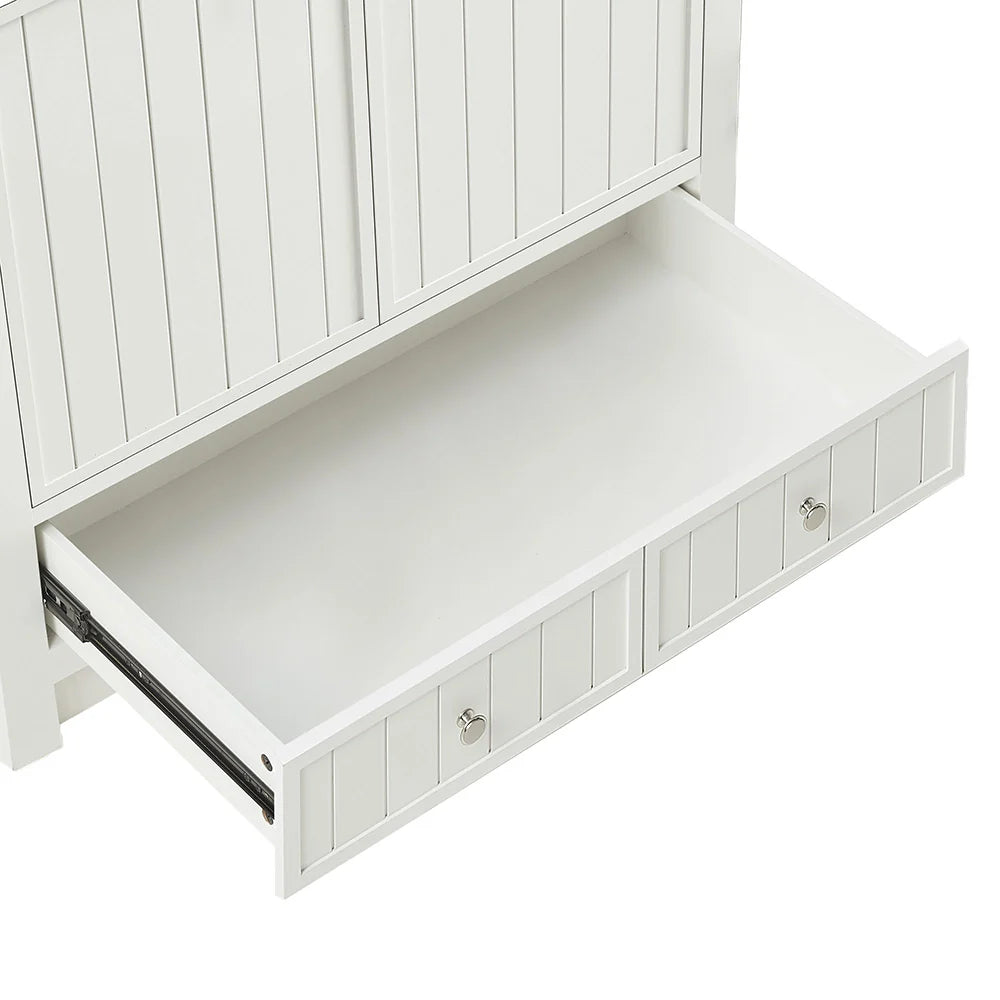 36 Inch White Fully Assembled Bathroom Vanity With Wide Louvered Doors & Quartz Top