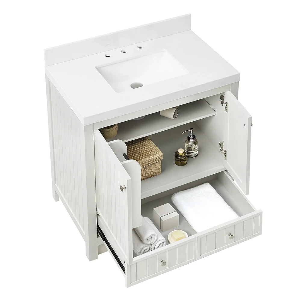 36 Inch White Fully Assembled Bathroom Vanity With Wide Louvered Doors & Quartz Top