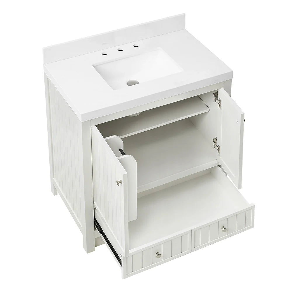 36 Inch White Fully Assembled Bathroom Vanity With Wide Louvered Doors & Quartz Top