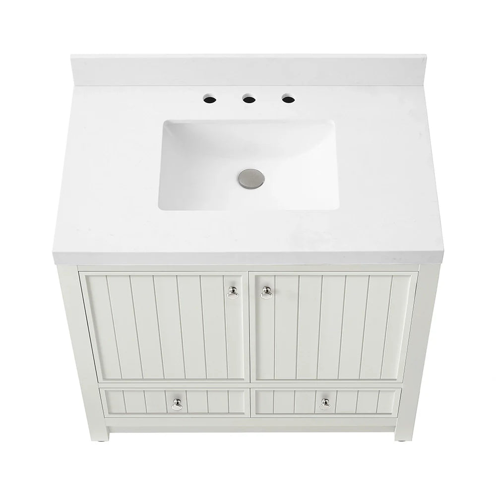 36 Inch White Fully Assembled Bathroom Vanity With Wide Louvered Doors & Quartz Top