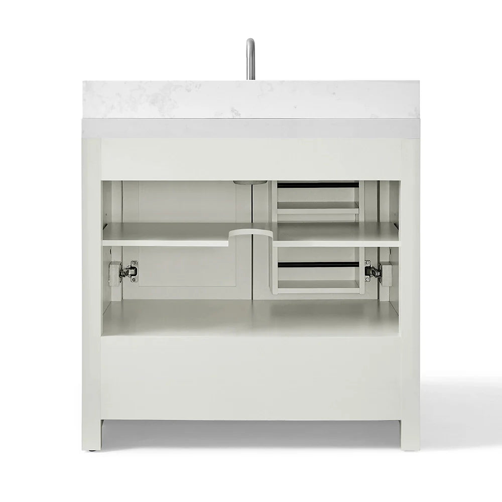 36 Inch White Fully Assembled Bathroom Vanity With Wide Louvered Doors & Quartz Top