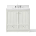 36 Inch White Fully Assembled Bathroom Vanity With Wide Louvered Doors & Quartz Top