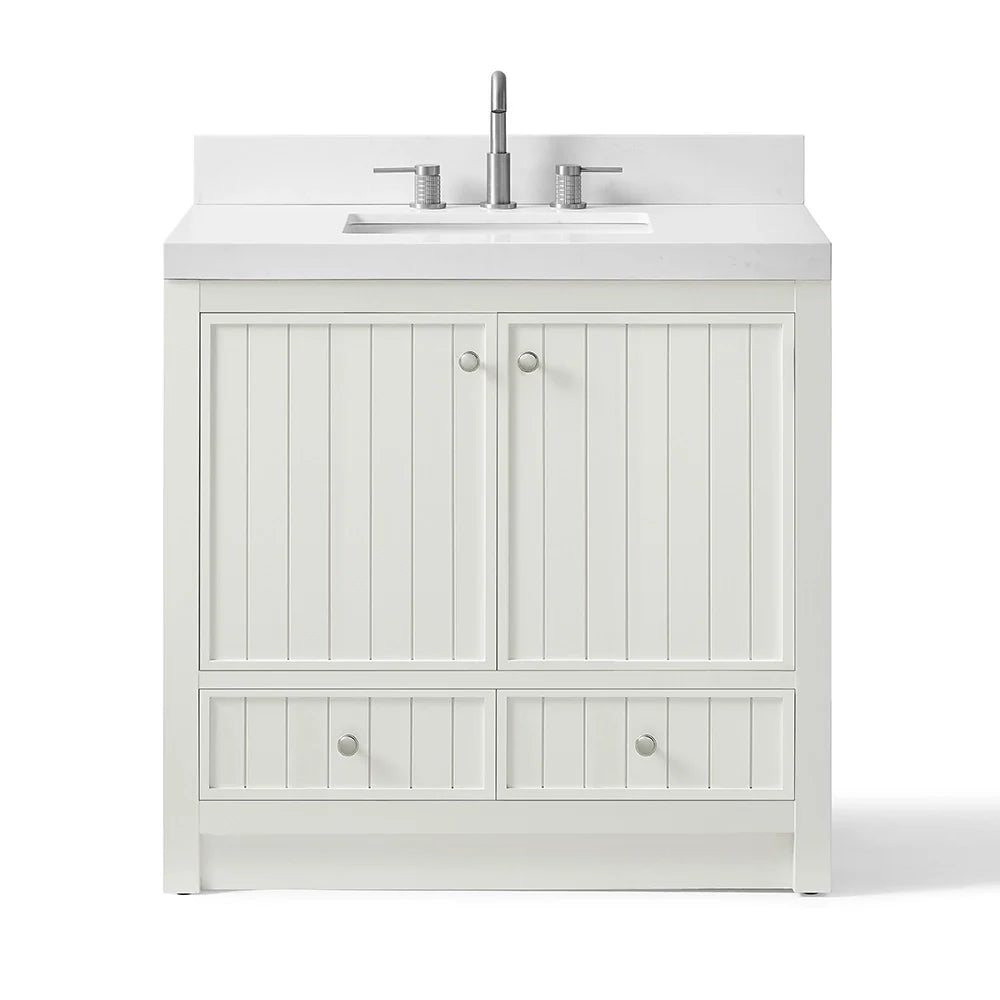 36 Inch White Fully Assembled Bathroom Vanity With Wide Louvered Doors & Quartz Top