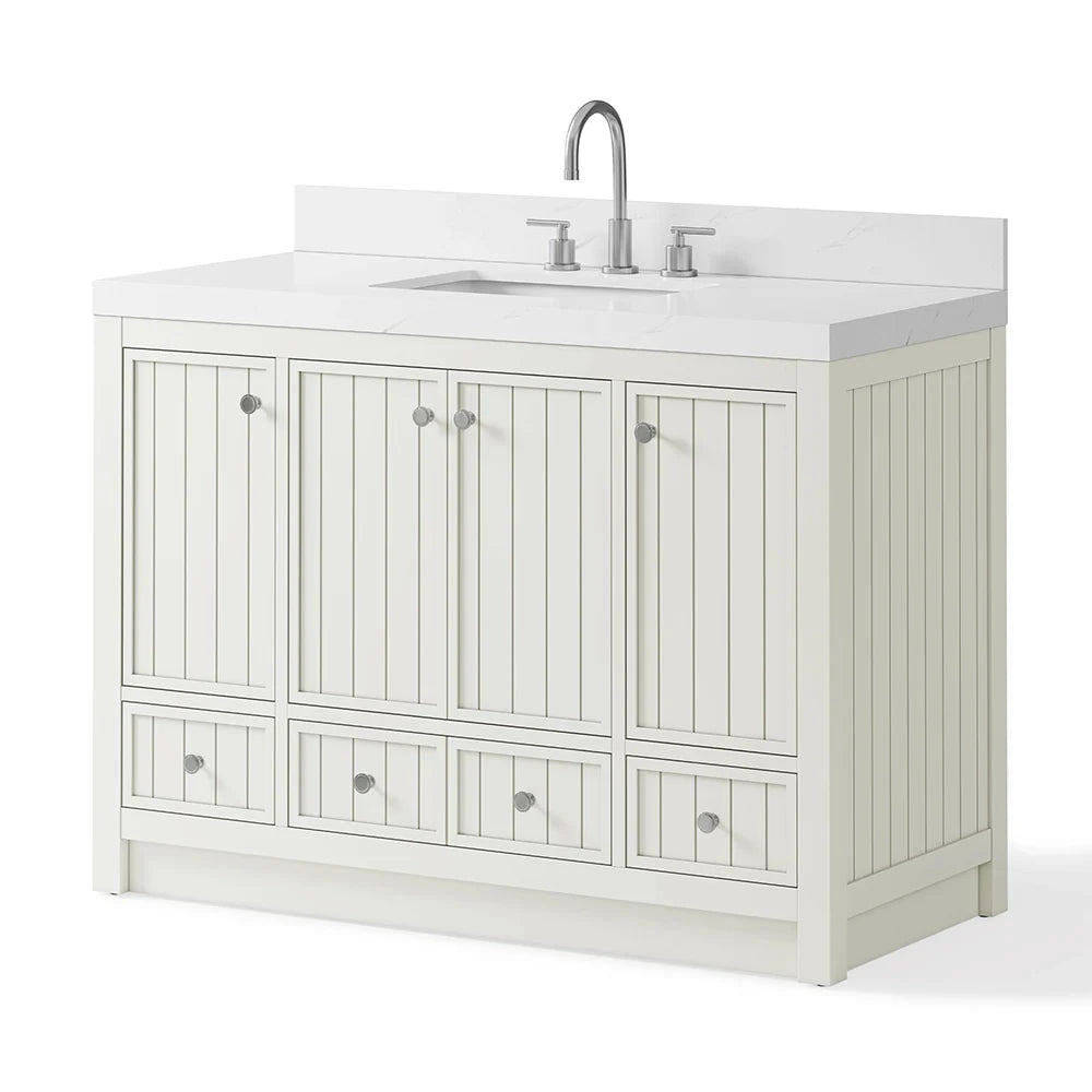 48 Inch White Fully Assembled Freestanding Bathroom Vanity With Overflow & Quartz