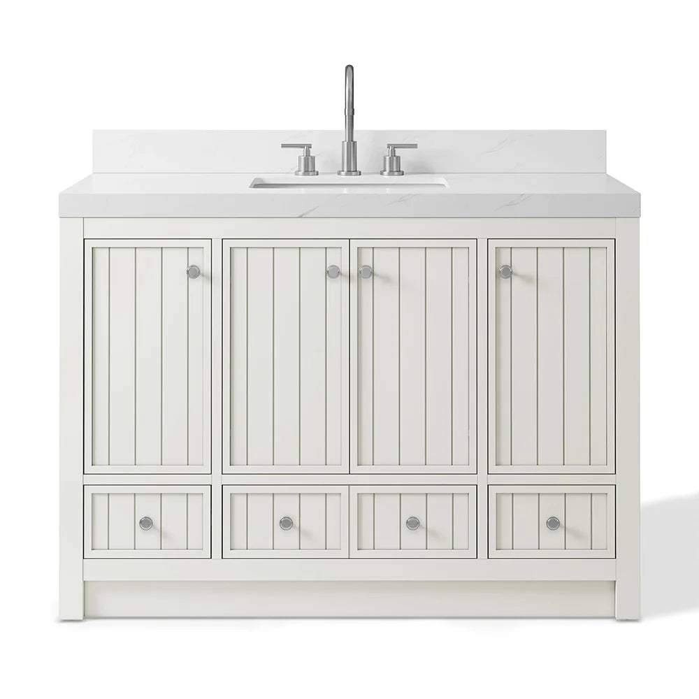 48 Inch White Fully Assembled Freestanding Bathroom Vanity With Overflow & Quartz