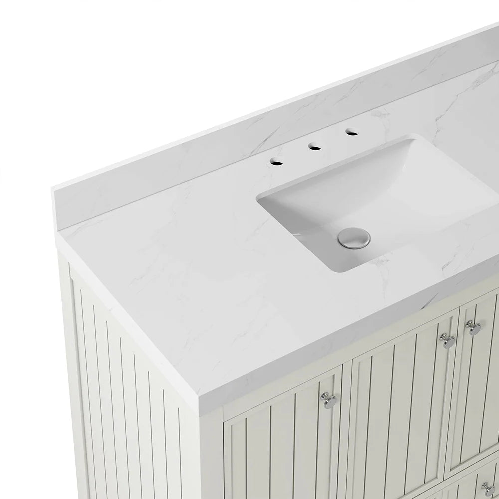 48 Inch White Fully Assembled Freestanding Bathroom Vanity With Overflow & Quartz