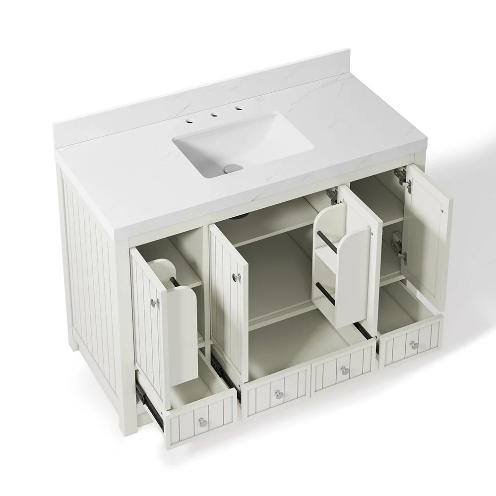 48 Inch White Fully Assembled Freestanding Bathroom Vanity With Overflow & Quartz