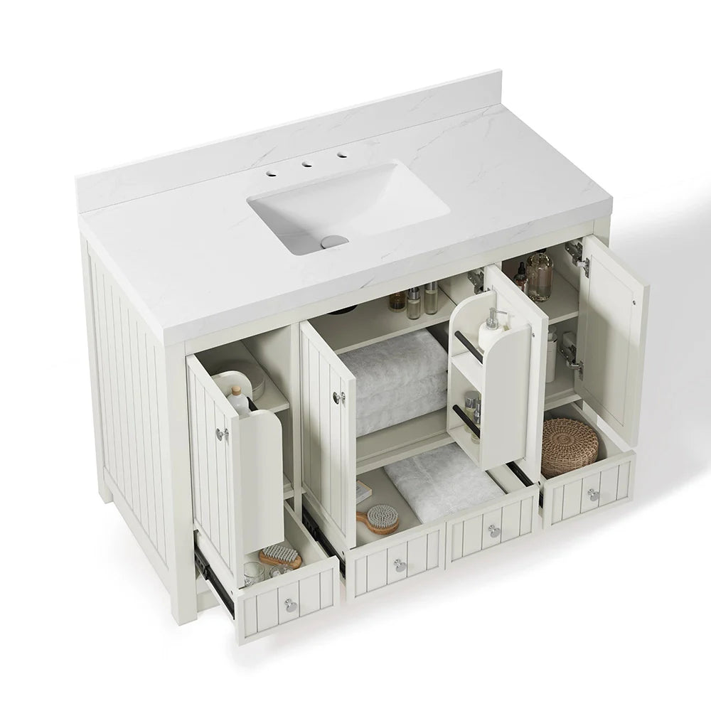 48 Inch White Fully Assembled Freestanding Bathroom Vanity With Overflow & Quartz