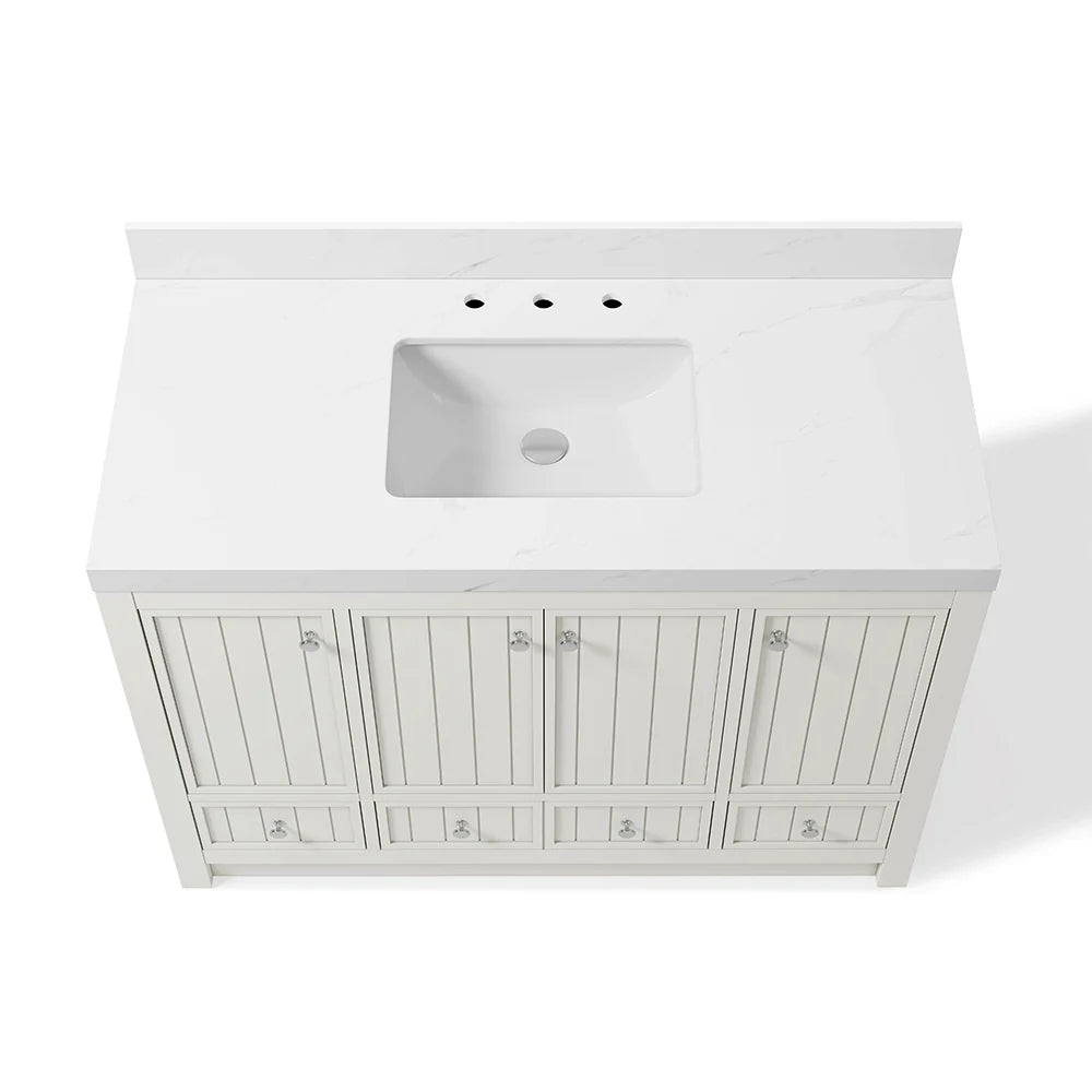 48 Inch White Fully Assembled Freestanding Bathroom Vanity With Overflow & Quartz