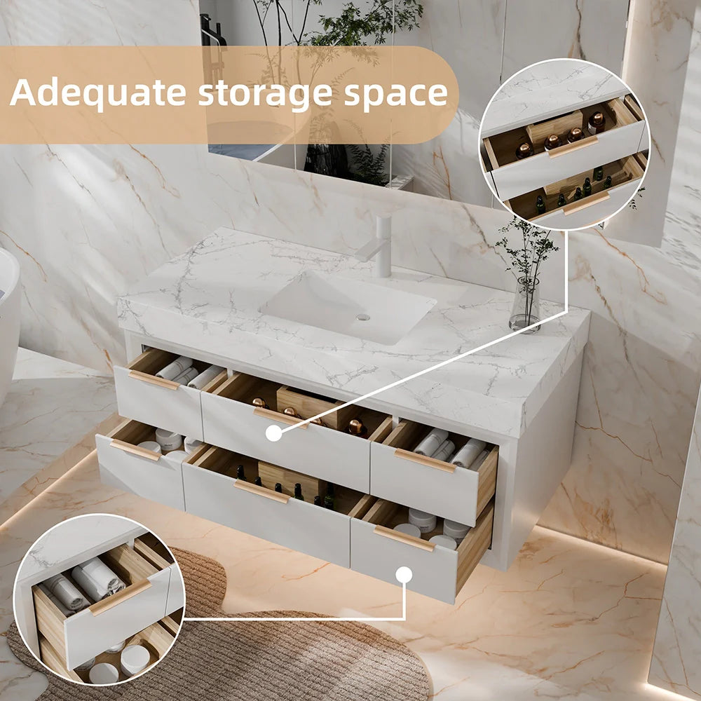 48 Inch Modern Wall Mounted Bathroom Vanity with Marble Countertop