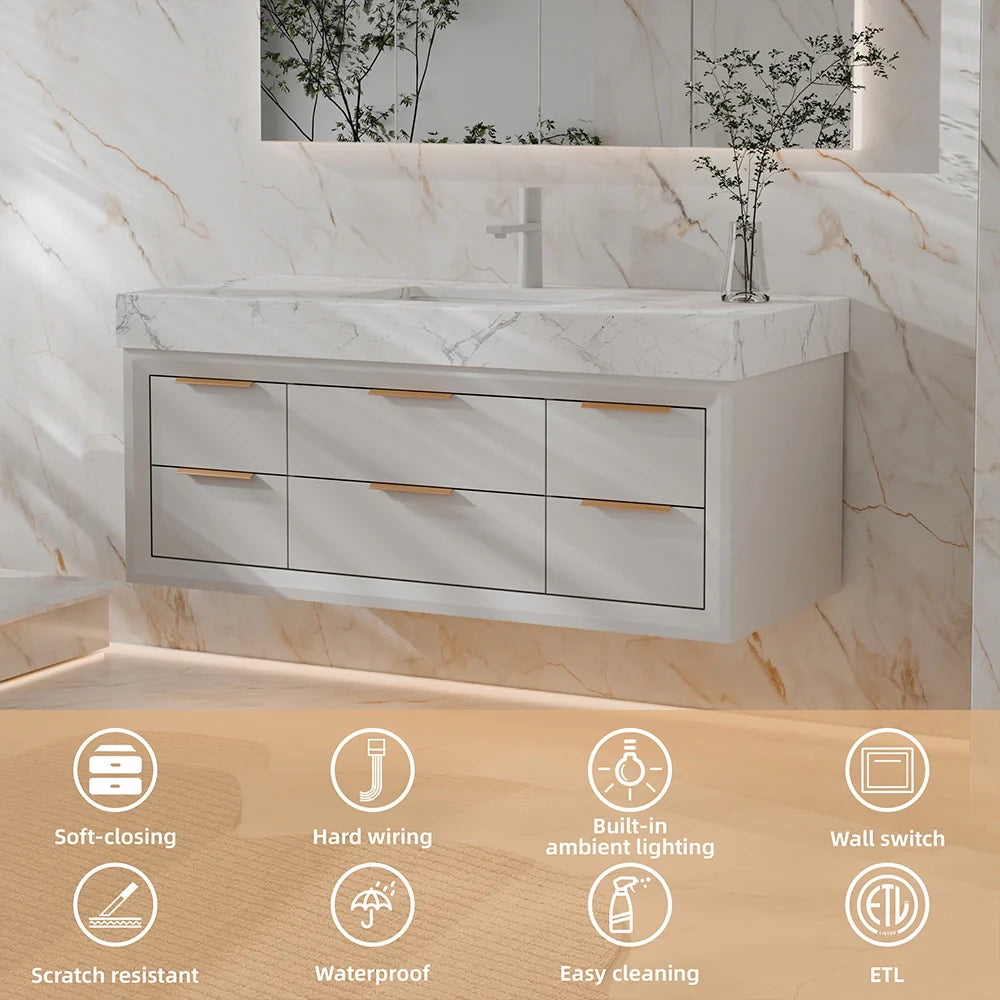 48 Inch Modern Wall Mounted Bathroom Vanity with Marble Countertop