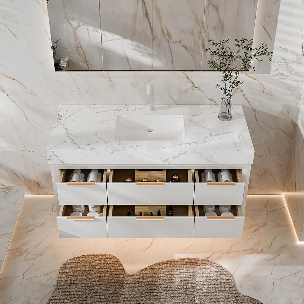 48 Inch Modern Wall Mounted Bathroom Vanity with Marble Countertop