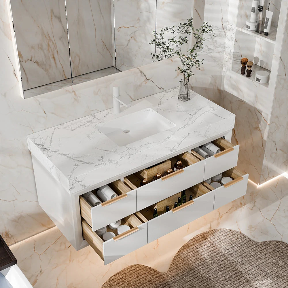 48 Inch Modern Wall Mounted Bathroom Vanity with Marble Countertop