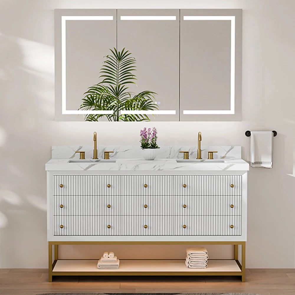 60-In Fluted Solid Wood Bathroom Vanity, PU Lacquer, Half-Frame Steel Base – Double Sink