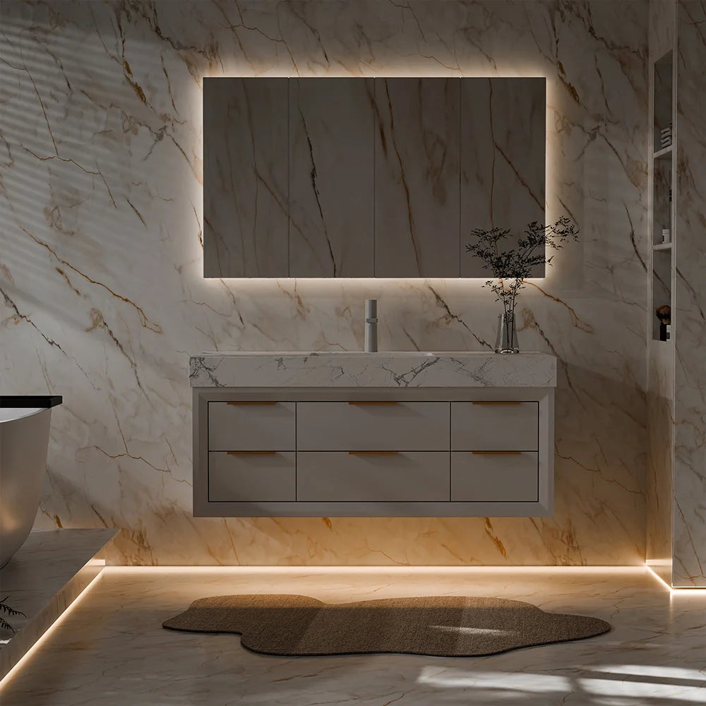 48 Inch Modern Wall Mounted Bathroom Vanity with Marble Countertop