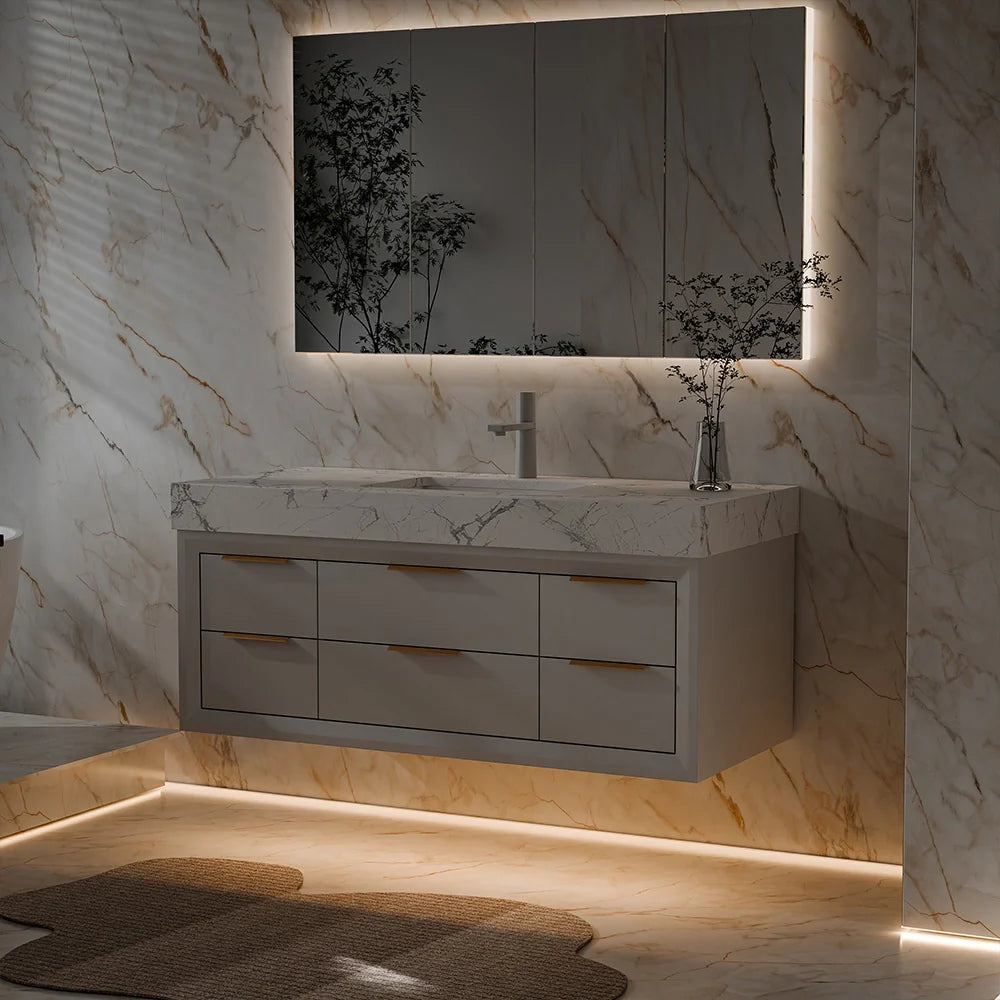 48 Inch Modern Wall Mounted Bathroom Vanity with Marble Countertop