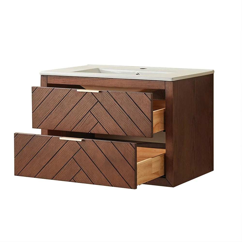 30 Inch Walnut Floating Bathroom Vanity with Single Ceramic Sink